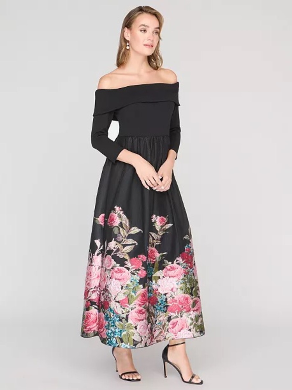 JS Collections Black Off Shoulder Floral Brocade Skirt Ankle Length Midi Dress